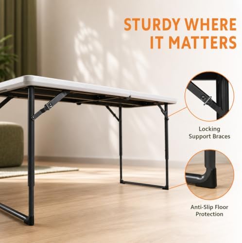4FT Folding Table 3 Levels Adjustable Height, Heavy Duty Fold-in-Half Portabl...
