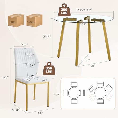 42" Round Glass Dining Table Set for 4,Modern Breakfast Table Set for 4 with Luxury Gold Chrome Legs,Space Saving Kitchen Table and White Gold Chairs for Apartment,Easy Assembly