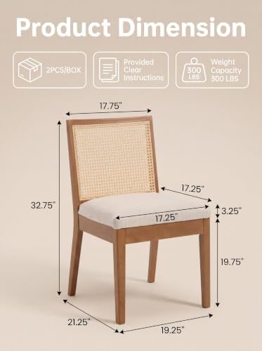 HNY Farmhouse Rattan Dining Chairs Set of 6, Walnut Solid Hardwood Frame, Uph...