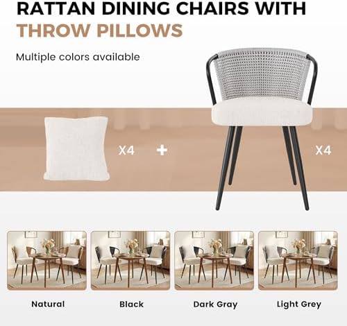Rattan Dining Chairs Set of 4, Modern Upholstered Kitchen Chair with Metal Le...