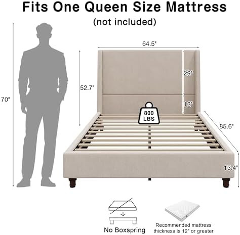 Queen Size Upholstered Bed Frame, 52.7" High Headboard Wingback Bedframe...