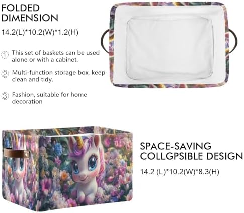 Emelivor Unicorn Flowers Garden Pink Storage Bin Collapsible with Handle Rectangle Waterproof Fall Basket for Storage Cube Closet Organizer for Nursery Office Shelf Book Bathroom