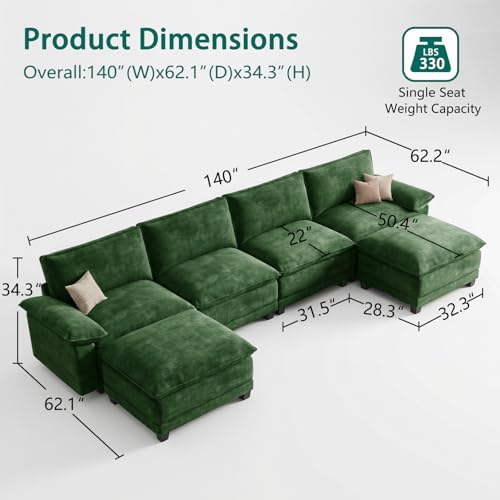 140" Modular Sectional Couch, U Shaped Cloud Sofa for Living Room | Comf...