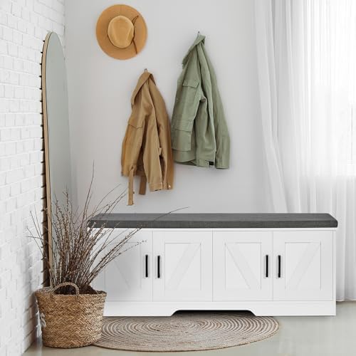 HOMSHO Farmhouse Shoe Storage Bench with 4 Barn Doors & Padded Seat Cushi...