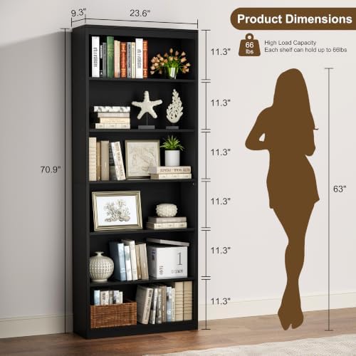 Shintenchi 6-Tier Bookshelf, Tall Bookcase & Display Storage Shelves, Black