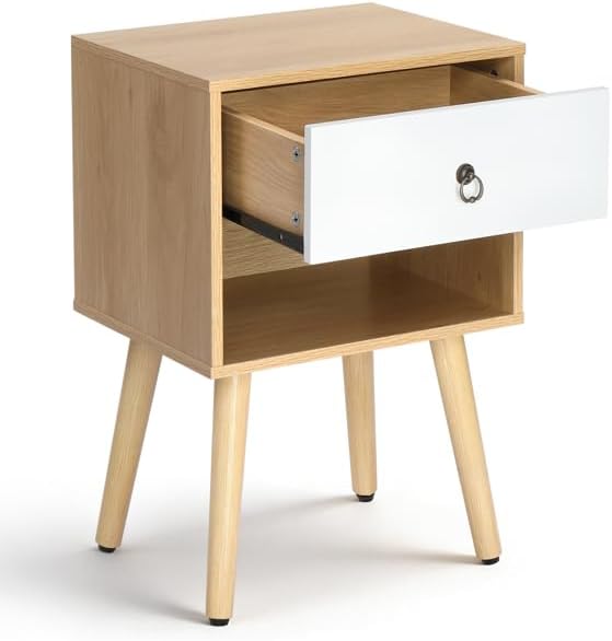 Mid-Century Modern Nightstand with Drawer and Open Shelf, Bedside Table with ...