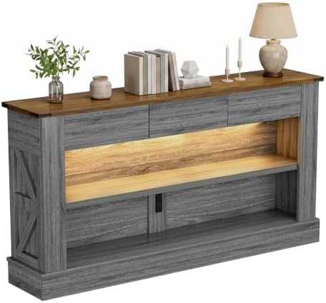 Miereirl 63" Console Table with Drawers & LED Light, Brown & Dar...
