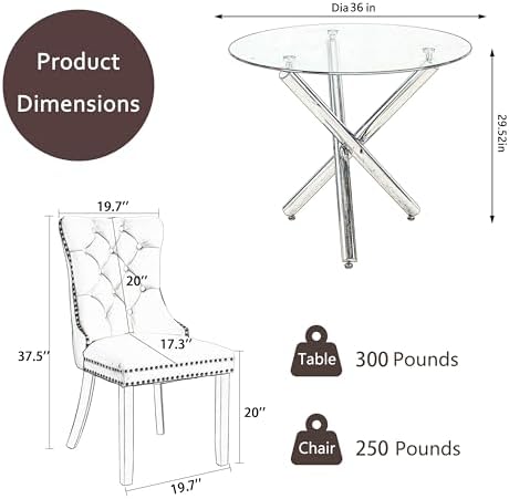 Modern Silver Round Glass Dining Table Set for 4, 36'' Luxury Minimal...