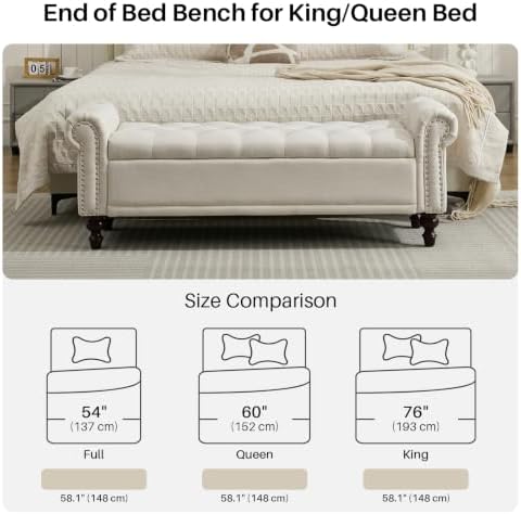 SOFTHION 58.1" Storage Bench for Bedroom, Linen Upholstered, Beige | End...