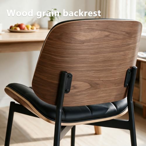 GrandNoor Mid Century Modern Dining Chairs with Walnut Grain Back, Black Faux...