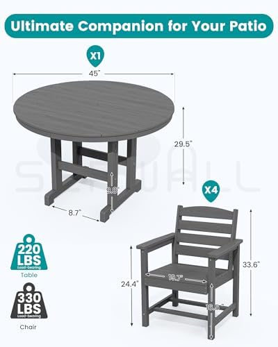 SERWALL 5-Piece Patio Round Dining Set, 45" Table, 4 Chairs, Grey