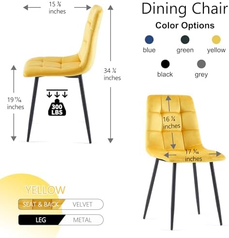 NORDICANA Yellow Velvet Dinner Chairs Set of 2, Modern Armless Biscuit Tufted...
