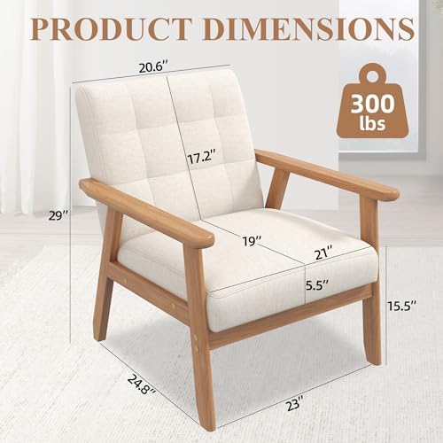 Mid-Century Accent Chairs Set of 2, Solid Wood for Living Room, Beige Linen
