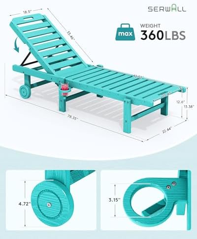 SERWALL HDPE Outdoor Chaise Lounge Set of 2 with Cup Holder & Wheels, Aru...