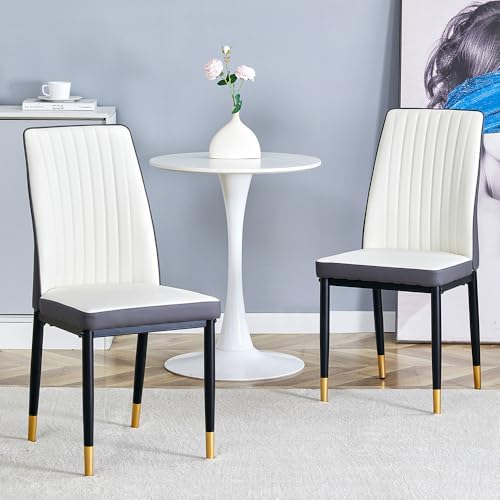 White Leather Chair,Modern Dining Chair Set of 6 with Pu Leather and Chrome L...
