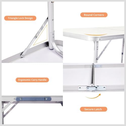 6FT Folding Dining Table, Portable Aluminum Picnic Table with Adjustable Heig...