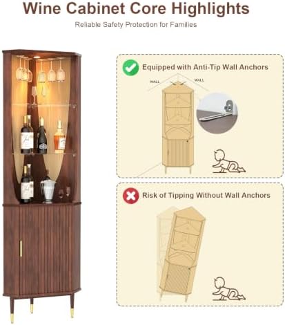 JOINICE Tall Corner Bar Cabinet for Liquor,Mid-Century Modern,Walnut,70"