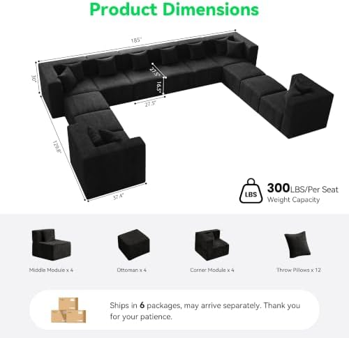 MONVANE Oversized Sectional Couch 12-Seat, Chenille, Black | Sectional Couch ...