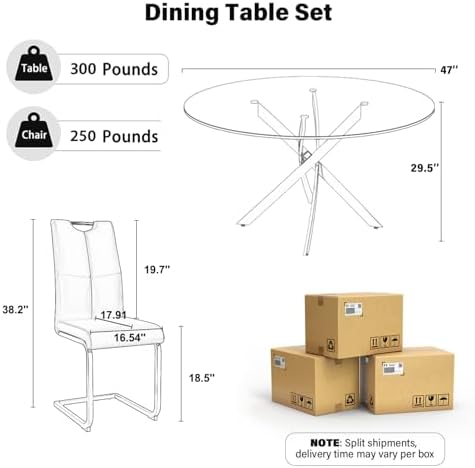 5-Piece Round Dining Table Set for 4, 47" Small Circle Tempered Glass Ki...
