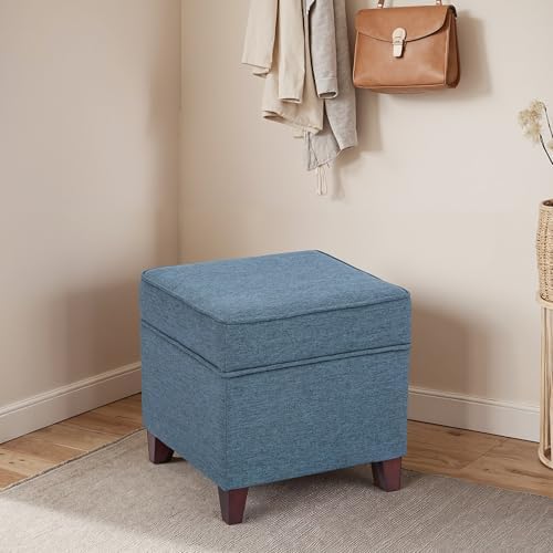 Adeco 17" Square Ottoman with Storage, Small Blue Storage Ottoman Foot R...