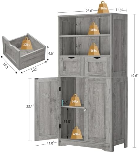 Iwell Storage Cabinet with 2 Drawers & Adjustable Shelf, Tall Bathroom Ca...