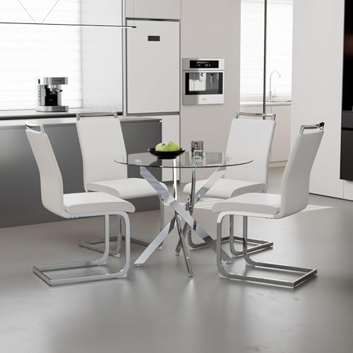 5 Piece Glass Dining Table Set for 4, Modern Tempered Glass Top Kitchen Table...