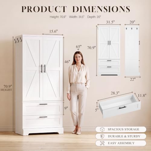 YESHOMY 70.9" Wooden Armoire Wardrobe Closet with Sensor Light(White)