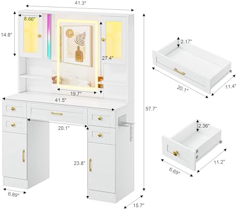 NUNU LAB White Vanity Desk with Sliding Mirror and Lights | Women Makeup Vani...