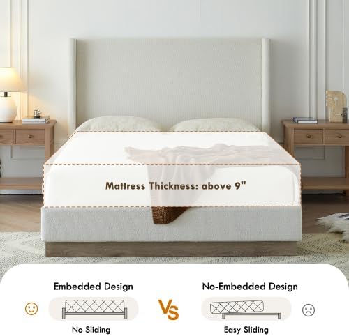Queen Size Upholstered Bed Frame, 51.1" Tall Headboard Hosford Wingback ...