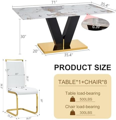 71'' Dining Table Set for 8,Marble Dining Table Set,Modern Kitchen Ta...