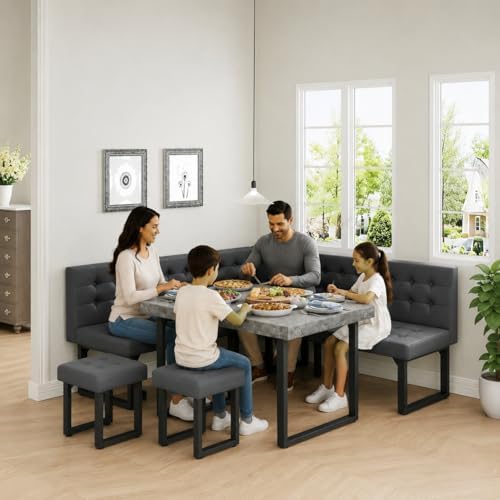 XIAO WEI 72" Corner Dining Table Set for Small Spaces, Modern Grey