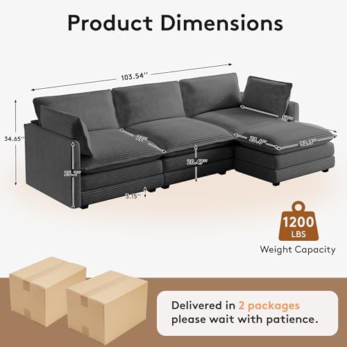 ROWHY 104'' Modular Sectional Cloud Couch with Movable Ottoman, 4 Sea...