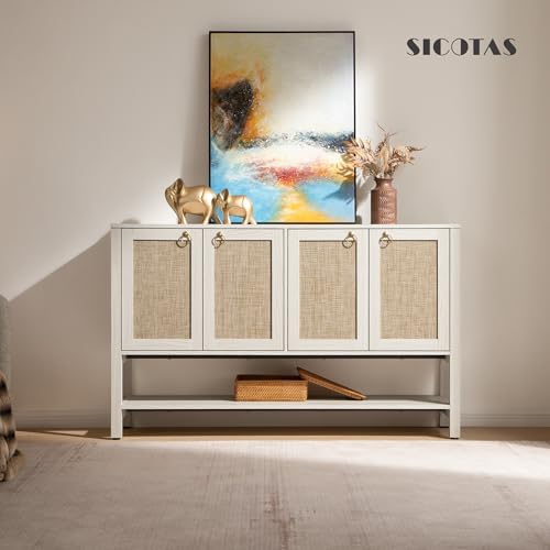 SICOTAS White Sideboard Buffet Cabinet with Rattan Doors, 55" Boho Credenza