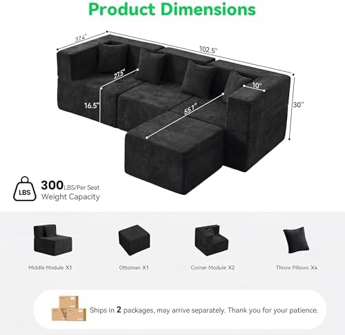 MONVANE L Shaped Sectional Couch Oversized, Chenille, Black | 4-Seat Sectiona...