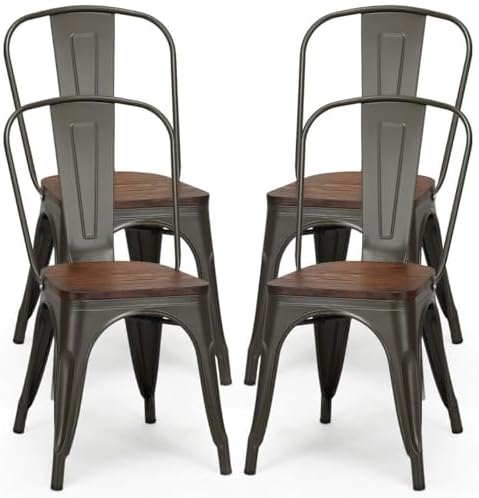 COSTWAY Stackable Metal Dining Chairs Set of 4 with Wood Seat and High Back