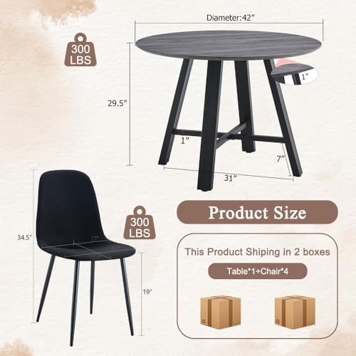Round Dining Table Set for 4, 5 Piece Kitchen Table and Chairs Set with 42 Inch Wood Grain Tabletop, Black Upholstered Chairs, Metal Frame Dining Room Furniture for Apartment, Breakfast Nook