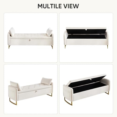 Storage Bench for Bedroom, 65 Inch End of Bed Storage Bench Beige | Velvet St...