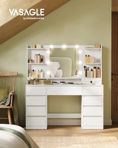 VASAGLE 43.3-Inch Vanity Desk with Mirror and Lights, 9 Drawers | Modern Vani...