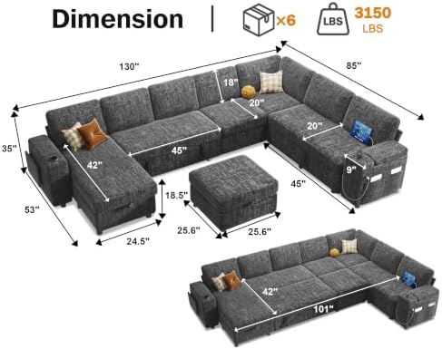 Vipbear 130" Modular Sectional Sleeper Sofa with Pull Out Bed, 9 Seat Ch...
