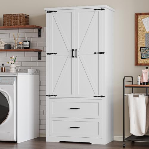 BORNOON Pantry Organizers and Storage Cabinet, 71” Barn Door White Kitchen Ca...