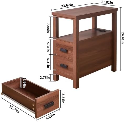 Farmhouse Nightstand with Charging Station, 18'' Wooden Bedside Table...
