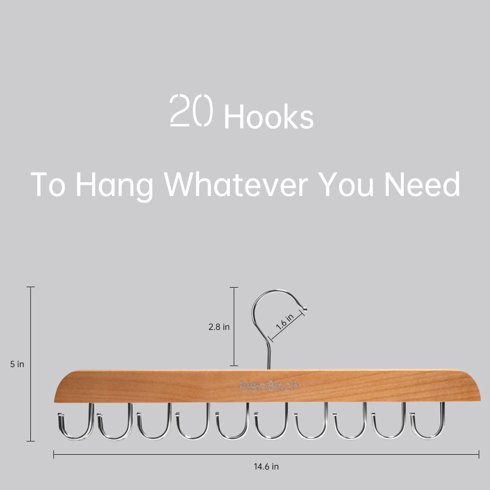 Bra Hanger for Closet Organizers and Storage | Space Saving Wooden Hanger | 20 Steel Hooks for Tank Tops, Camis, Hats, Lingeries, Belts, Ties, Scarfs Holder| 360° Rotating Non-Slip (1, 2 Pack Natural)