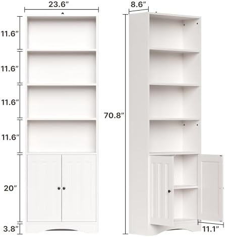 Gizoon 6-Shelf Bookcase, White Bookcases with Doors