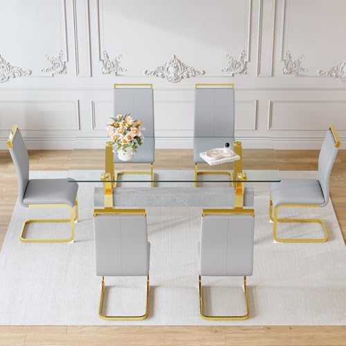71" Glass Dining Table Set for 6｜Modern Dining Table Set for 6 with Faux...