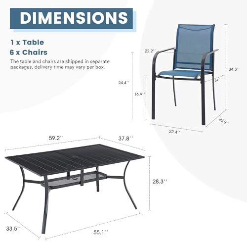 DIFY 7 Pieces Patio Dining Set for 6, Patio Furniture Includes Blue Stackable...
