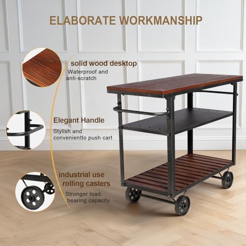 Vintage Rolling Bar Cart on Wheels Industrial Mobile Serving Cart Metal and W...