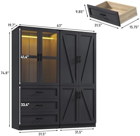 75" Tall Farmhouse 4 Doors Armoire Wardrobe Closet with 3 Drawers and LE...