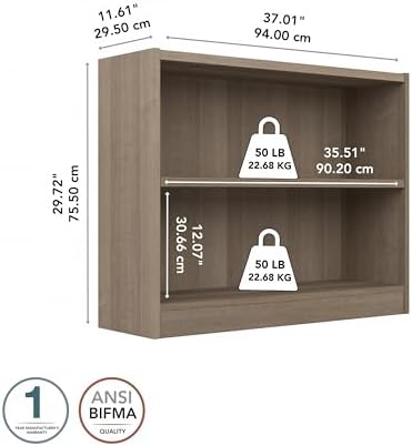Bush Home Small 2 Shelf Bookcase, 2 Tier Bookshelf Storage Cabinet with Adjus...
