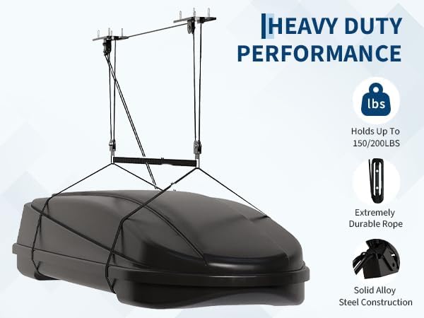 Cargo Box Garage Pulley System, Heavy Duty Ceiling Hoist for Rooftop Cargo Boxes, 150 Lb Capacity, Fits 10–14 ft Garage Ceilings, Includes Adjustable Straps & 20 m Ropes, Space‑Saving Ceiling Mounted