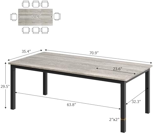 GarveeHome 71in Industrial Dining Table for 6-8 People, Long Kitchen Table